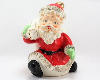 Vintage Santa Claus St. Nick Kris Kringle With Bag Bank Figurine Ucagco Porcelain Hand Painted Spaghetti Trim Japan Christmas Holiday Decor