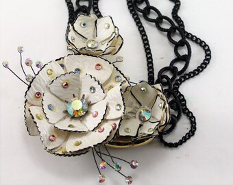 Vintage Paper Mache' Flower Asymmetrical Assemblage Necklace Black And White AB Rhinestones Handcrafted OOAK