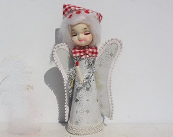 Vintage Christmas Tree Topper Angel Gingham Cardboard Cone Unbreakable Religious Mid Century Farmhouse Christmas Holiday Tree Trimming