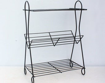 Vintage Mid Century Black Metal Wire Perforated Square Mesh Shelf Rack Side End Table Record Album Magazine Plant Stand Retro Atomic MCM