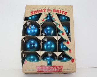 Vintage Christmas Ornaments Glass Shiny Brite Blue Distressed In Original Box Christmas Holiday Party Decor Tree Trimming 12 Pieces