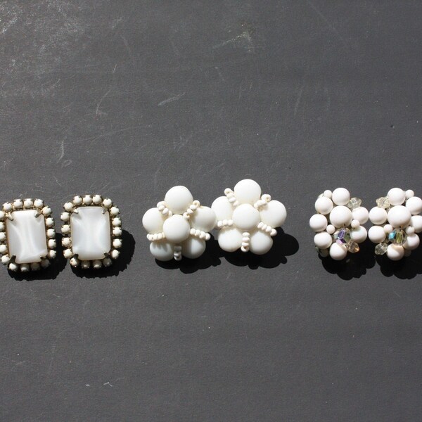 Vintage White Milk Glass Earrings Button Style Clip Bridal Wedding Jewelry Western Germany Japan