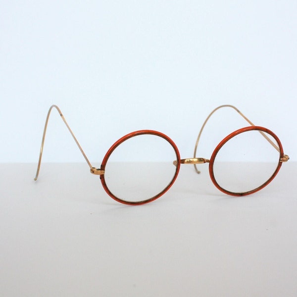 Antique Vintage Eyewear Eyeglasses Round Light Brown Tortoise Celluloid Rim Gold Frame Optometry John Lennon Hippie Style Steampunk Costume