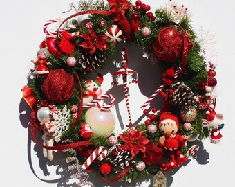 Vintage Christmas Wreath Hand Crafted Hand Made Heirloom Wreath Vintage Ornaments Collectible Red And White OOAK
