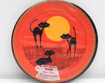 Vintage Halloween Paper Plates Mod Black Alley Cats Original Package Halloween Spooky Decor Halloween Party Collectible Mid Century Mod Cat