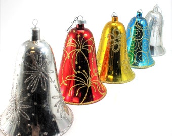 Vintage Plastic Bell Christmas Ornaments Italy Metallic Glitter Large Shiny Bold Color Assortment MCM Atomic Christmas Holiday Tree Decor