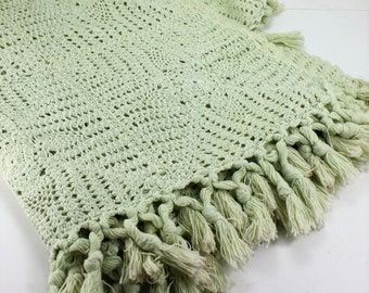 Vintage Crocheted Blanket Throw Afghan Coverlet Tablecloth Mint Green Cotton Fringe Hand Crafted Hand Made Farmhouse Shabby Cottage Chic