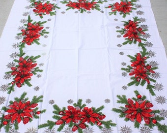 Vintage Christmas Holiday Tablecloth Poinsettias Balsam Pine Shiny Brite Ornament Christmas Holiday Party Table Decor Linens 52" x 59" #25