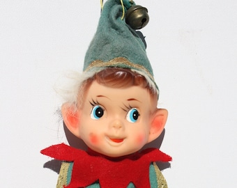 Vintage Elves Elf Pixie Head Felt Strip Banner Christmas Ornaments Green Red Japan Kitsch Christmas Holiday Tree Wall Door Decor