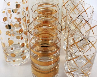 Vintage Gold Clear Glass 3 Geometric Patterns Cocktail Tom Collins Ice Tea Glasses Tumblers Mid Century Modern Retro Barware Wedding Gift