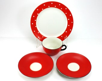 Vintage Upsala Ekeby Gefle Cup & Saucers Made In Sweden Amanita Polka Dot Red/Orange, White And Black China 4 Pieces