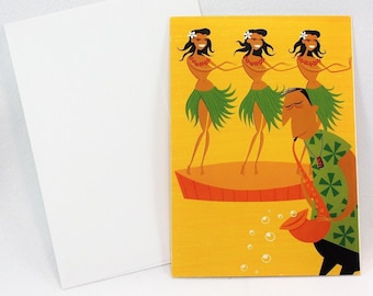 Vintage Shag Josh Agle Hula Dancers & Saxophone Note Greeting Card Art Print Blank Inside Mid Century Tiki Ephemera Scrap Booking Unused