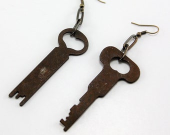 Vintage Rusty Distressed Keys Dangle Earrings Pierced Hook Handcrafted Repurposed Assemblage OOAK Skeleton Keys Steampunk