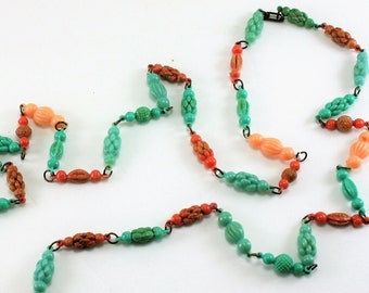Vintage Bumpy Molded Carved Plastic Celluloid Bead Single Strand Necklace Long Aqua Pink Salmon Hippie Boho Style 1940s