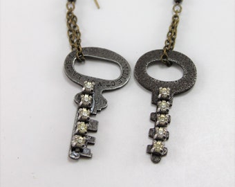 Handcrafted Antique Vintage Skeleton Keys & Rhinestones Jewelry Earnings Distressed Repurposed Mixed Media Assemblage Boho Chic Steampunk
