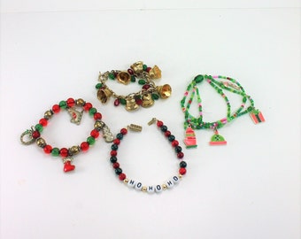 Vintage Christmas Charm Bracelets Assortment Destash Costume Holiday Festive Jewelry Novelty Stocking Stuffers Lot B - Set of 4