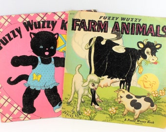 Vintage Fuzzy Wuzzy Kitten & Farm Animals Children's Story Books Flocked Illustrations Kids Touch And Feel Sensory Framable Nursery Decor