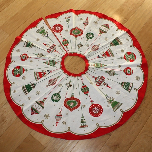 Vintage Mid Century Modern Christmas Tree Skirt Tablecloth Centerpiece Shiny Brite Ornaments Round Kitschy Christmas Holiday Party Decor