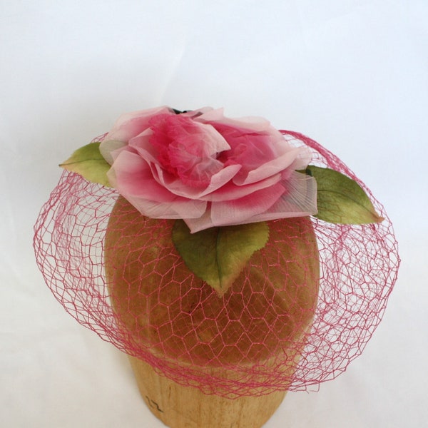 Vintage Floral Hat Net Netting Veil Millinery Pink Flower Green Leaves Fascinator Head Covering Spring Garden Easter Wedding Tea Party