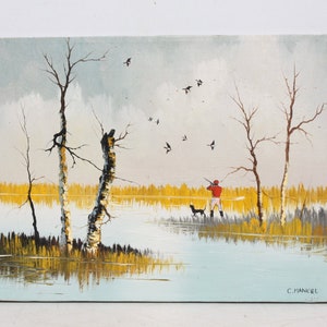 Vintage Hunting Painting Original Art Hand Painted Duck Geese Hunter Autumn Nature Marsh Wetlands Woodland Scene Canvas Lodge Cabin