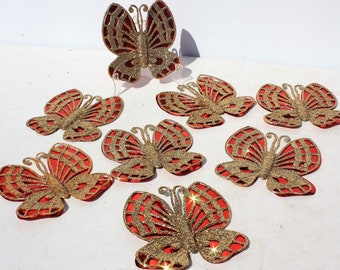 Vintage Christmas Butterfly Ornaments Gold Glitter Red Foil Unbreakable Package Trim Bradford Mid Century Christmas Holiday Tree Trimming