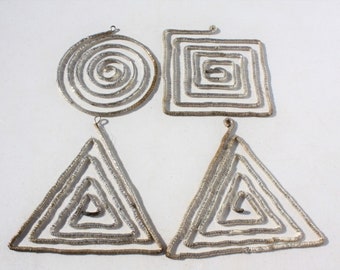 Vintage Silver Tone Coiled Metal Geometric Christmas Ornaments By Dept 56 Large Triangle Circle Square Christmas Holiday Decor Tree Trimming