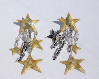 Vintage Lunch At The Ritz Earrings Golden Glitter Stars With Clear Crystal Dangles Hand Signed Designer Statement Collectible LATR Pierced