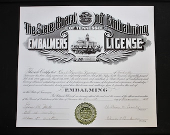 Vintage Embalmers License 1958 Mortician Funeral Home Embalming Mortuary Science Oddity Halloween Decor COPY