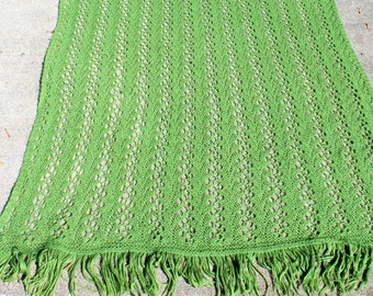 Vintage Crocheted Blanket Throw Afghan Coverlet Tablecloth Grass Green Yarn Fringed Hand Crafted Hand Made Farmhouse Shabby Cottage Chic
