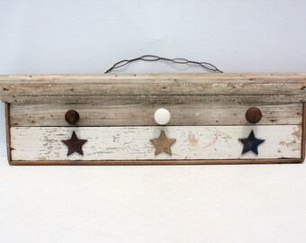 Vintage Wood Wall Coat Hat Rack Americana Patriotic Door Knobs Painty Peely Rustic Distressed Architectural Salvage Entryway Farmhouse