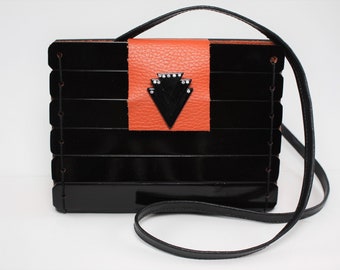 Handcrafted Wood and Leather Purse - Black & Orange Unique Handmade Handbag Purse Environmentally Friendly Renewable Resource