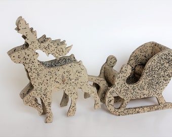 Vintage Wood Wooden Santa Sleigh Sled Reindeer Glittered Candy Holder Christmas Holiday Centerpiece Mantle Tabletop Shabby Farmhouse Decor