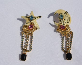 Vintage Lunch At The Ritz Earrings Moon Star Ivory With Gold Blue Pink Crystals Rhinestones Designer Statement Collectible LATR Pierced Post