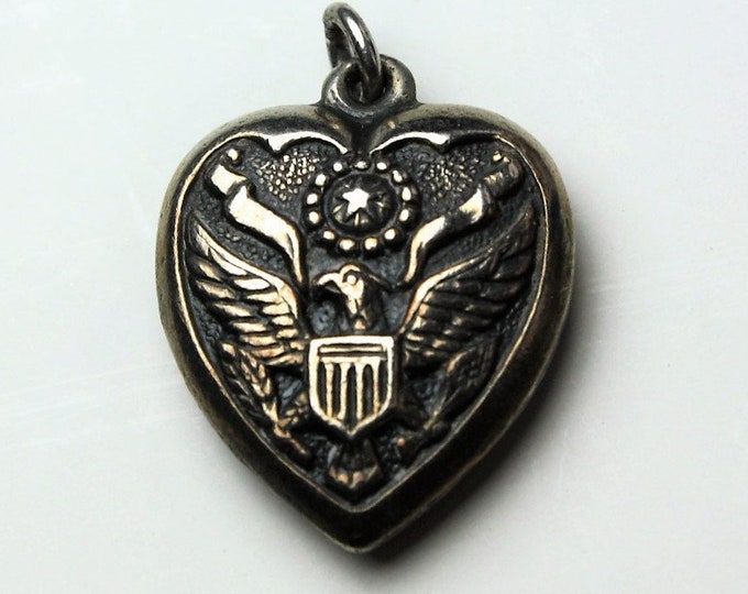 Vintage Sterling Silver Puffy Heart Charm Double Sided Military Eagle ...