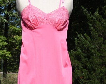 Vintage Full Slip Nylon Pink Hot Pink With Lace Lingerie Negligee Undergarments Sexy Rockabilly Bombshell Pinup Girl