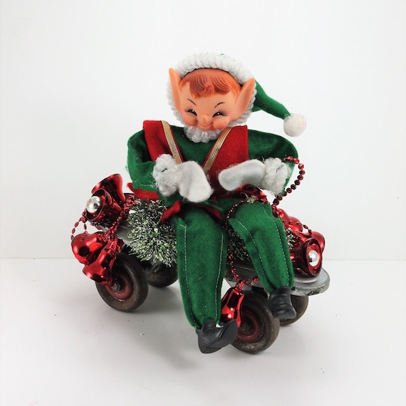 Vintage Christmas Arrangement Vintage Creepy Elf Red Bells On Vintage Roller Skate Kitsch Holiday Handcrafted Handmade