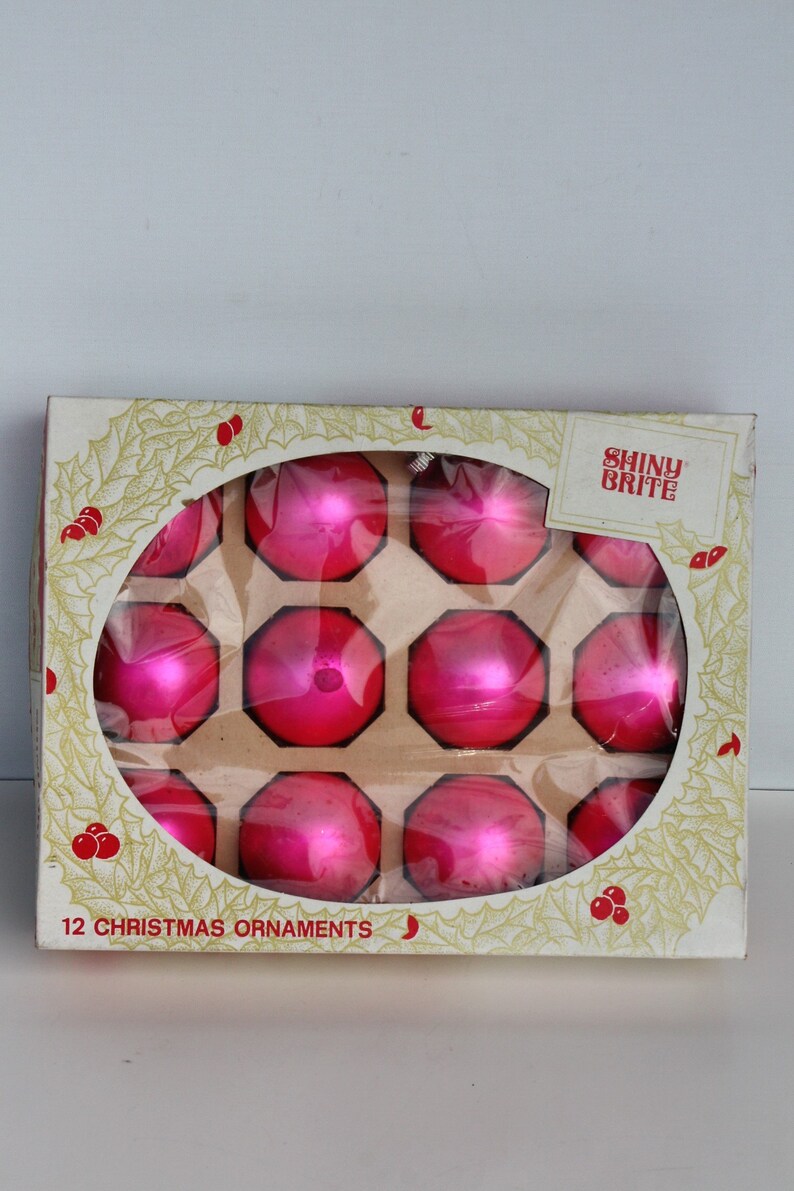 Vintage Christmas Ornaments Mercury Glass Pink Hot Pink Bright Pink Frosted Shiny Brite Original Box Shabby Cottage Christmas Holiday Decor