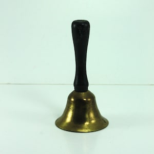 Vintage Brass Metal Hand Bell Dinner Bell Small Mini Miniature School Bell Black Wooden Handle Teacher School House Room Collectible