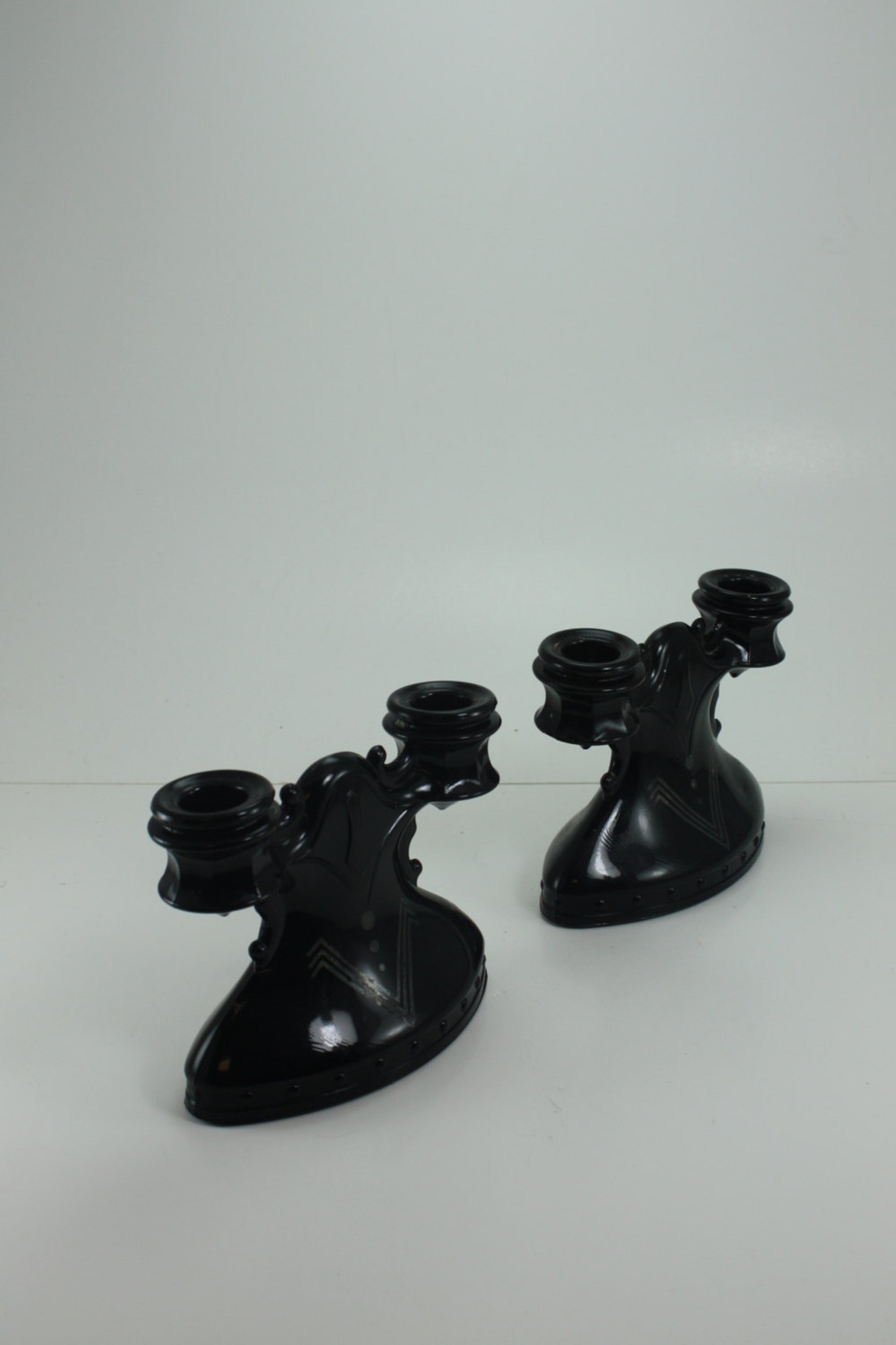 Vintage Black Amethyst Glass Double Candlesticks Candle Holder Etsy