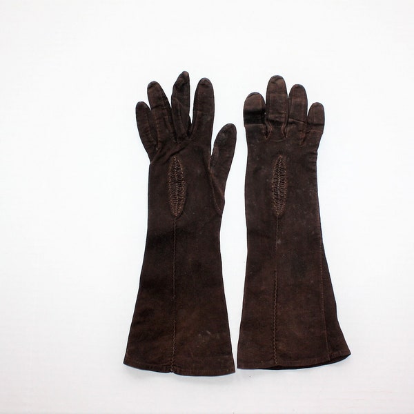 Vintage Gloves Women's French La Tour Emile Perrin Mid-Arm Soft Dark Brown Suede Seamed Shirred Detail 60's Fashion Church Driving Accessory