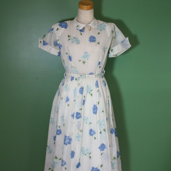 Vintage 50s 60s Summer Dress Belted Sun Dress Day Dress Full Skirt Blue Aqua Floral Sheer With Petticoat Pearl Accent Rockabilly Pinup Girl