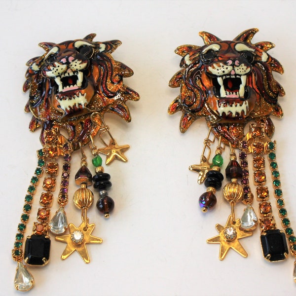 Lunch At The Ritz Earrings The Lion Sleeps Fierce Wild Jungle Animal Safari Glitzy Designer Statement Collectible LATR Post Pierced Earrings