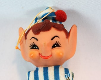 Vintage Elves Elf Pixie Knee Hugger Elf Christmas Ornament Shelf Sitter Posable Blue Striped Squinting Face Japan Kitsch Christmas Holiday