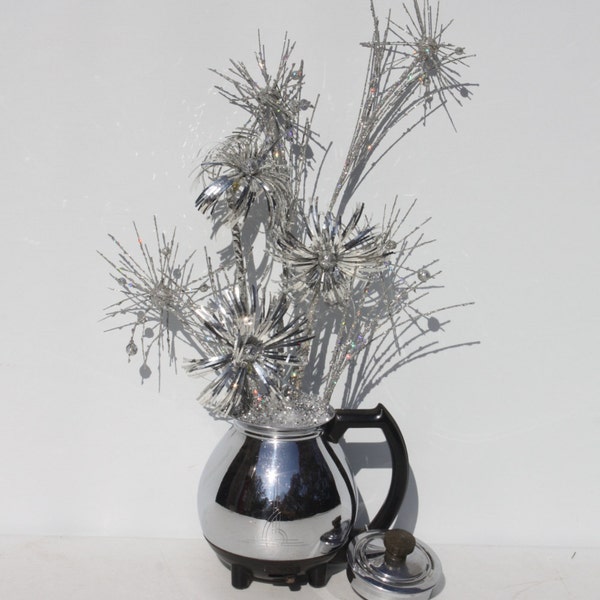Christmas Holiday Decor Aluminum Pom Pom Starburst Arrangement Vintage Coffee Pot Mid Century Holiday Kitchen Decor Handcrafted Handmade