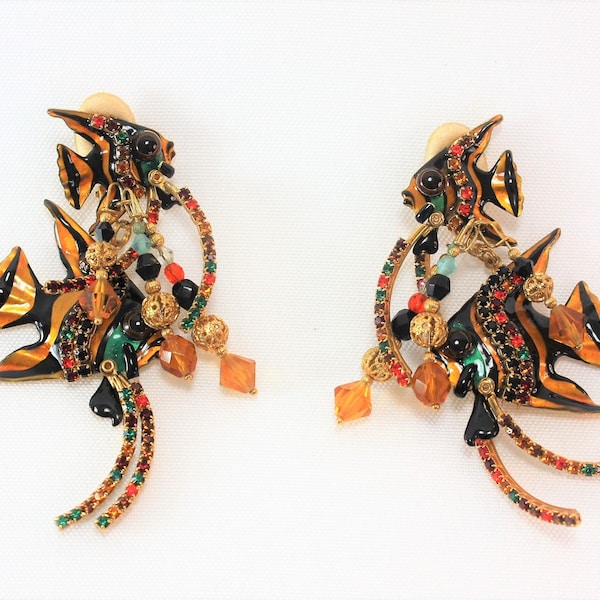 Vintage Lunch At The Ritz Earrings Aruba Fish Black Gold Teal Figural Beach Tropical Designer Statement Collectible Retired LATR Clip-On