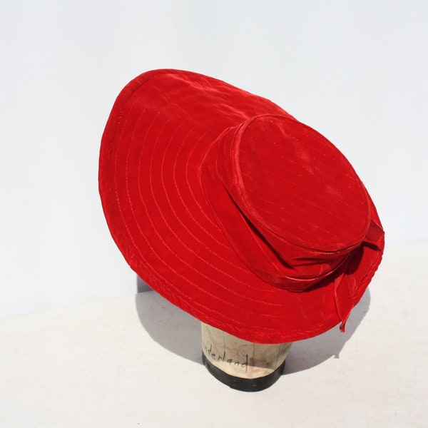 Vintage Women's Hat Chapeau Asymmetrical Brimmed Red Velvet Mid Century Rockabilly Church Style Bridal Accessory Christmas Hat