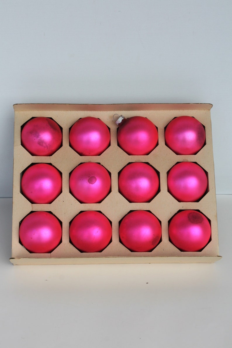 Vintage Christmas Ornaments Mercury Glass Pink Hot Pink Bright Pink Frosted Shiny Brite Original Box Shabby Cottage Christmas Holiday Decor