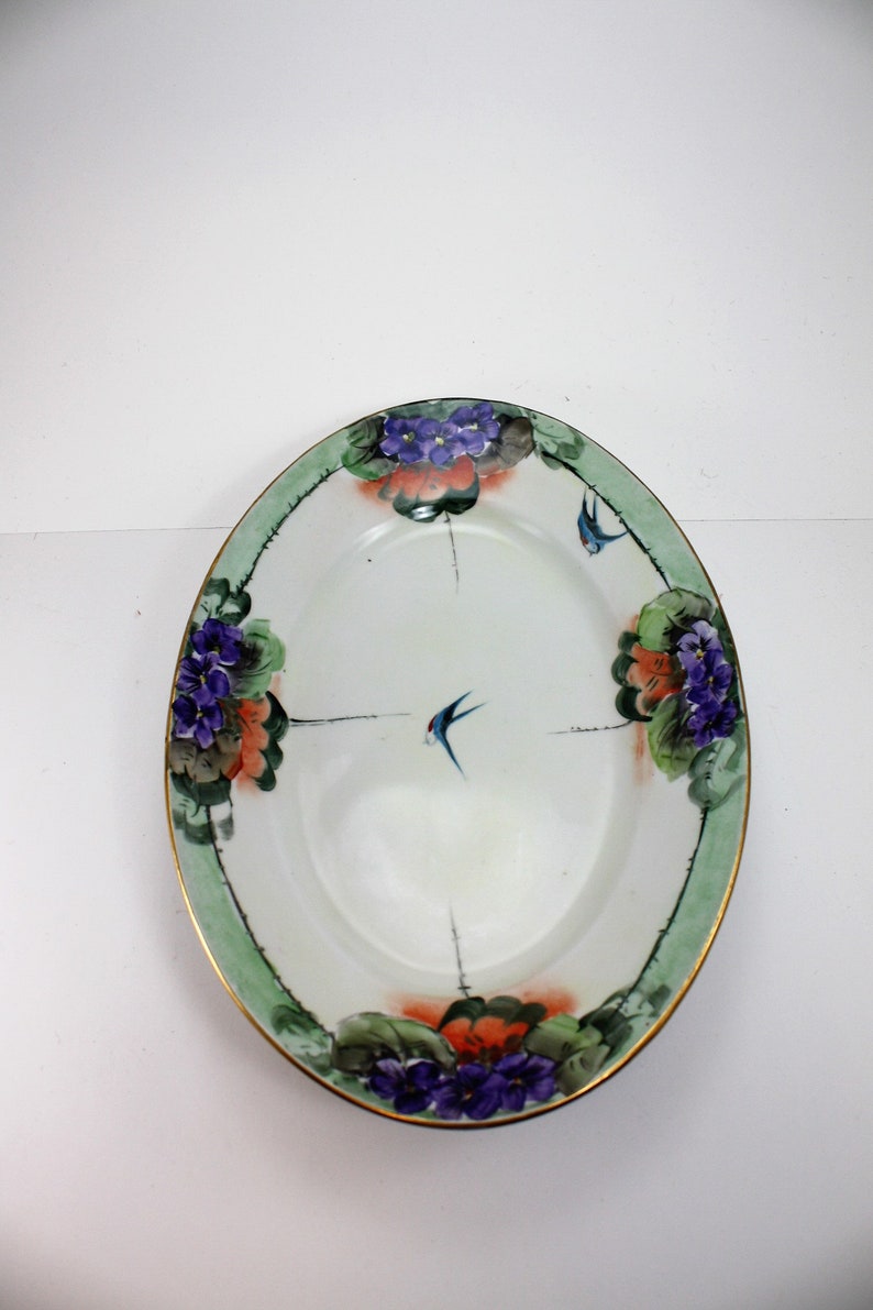 Vintage Bluebird Swallows China Serving Dish Oval Platter Handpainted Hand Painted German Altwasser Silesia Shabby Cottage Farmhouse Country
