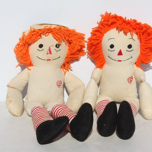 Vintage Original Raggedy Ann & Andy Cloth Soft Folk Art Dolls Set Handcrafted Handmade Naked No Clothing Restoration Project 25" Set of 2