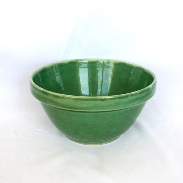 Vintage Pottery Stoneware Clay Mixing Nesting Crock Bowl Green Solid Summer Table Display Kitchen Cottage Rustic Farmhouse Decor